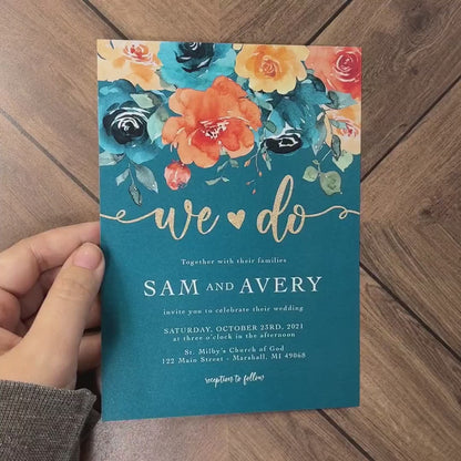 Teal Fall Wedding Invitation – Burnt Orange Florals & Gold Glitter – Personalized Shimmery Printed Invite with Envelopes Included