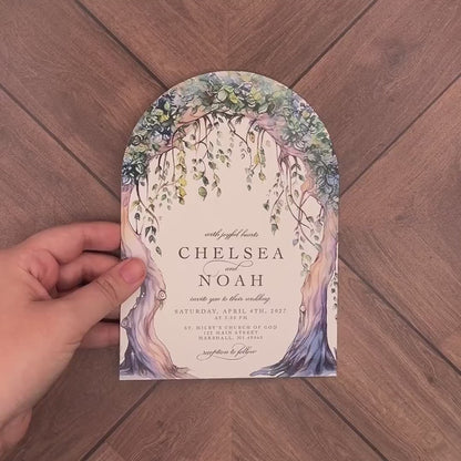 Elegant Whimsical Ethereal Tree Arch Summer Wedding Invitation Personalized Sage Gray Shimmery Printed Invitations Envelopes Included Unique