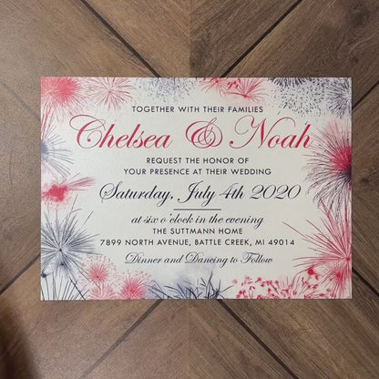 Elegant 4th of July Wedding Invitation Personalized Red White and Blue Firework Patriotic Shimmery Printed Invitation With Envelope Unique