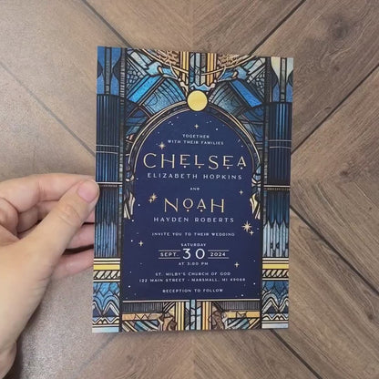 Romantic Celestial Stained Glass Wedding Invitation Personalized Stars Navy Gold Shimmery Ethereal Printed Invitations Envelopes Included