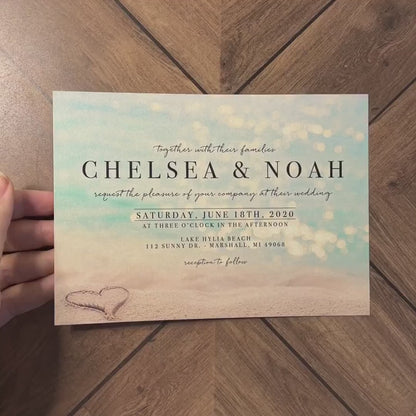 Romantic Beach Wedding Invitation Personalized Heart in the Sand Shimmery Destination Tropical Hawaii Printed Invitation Envelope Included