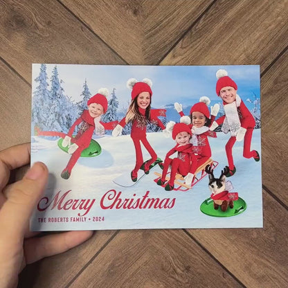 Funny Sledding Elves Christmas Photo Card – Personalized Snowboarding Elf Family Card | Printed with Back Design, Envelopes & Return Address Label