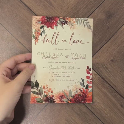 Elegant Floral Fall Wedding Invitation Personalized Terracotta Burnt Orange Custom Text White Gold Shimmery Printed Invitation With Envelope