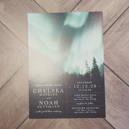 Unique Northern Lights Wedding Invitation Personalized Emerald Green Starry Sky Shimmery Printed Invitations Envelopes Included Custom Text