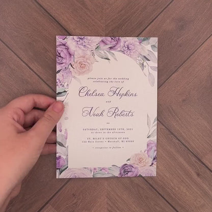 Elegant Purple Floral Summer Wedding Invitation Personalized Lavender Lilac Sage Calligraphy Shimmery Printed Invitations Envelopes Included
