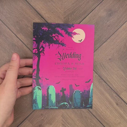 Halloween Wedding Invitation – Haunted Forest & Cemetery in Hot Pink – Personalized Gothic Printed Invite with Envelopes Included