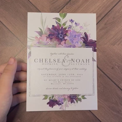 Elegant Purple Floral Summer Wedding Invitation,Summer Wedding Invite,Dark Purple,Lavender,Calligraphy,Shimmery Invitation,Envelope Included