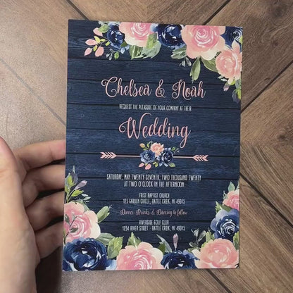 Rustic Navy Floral Summer Wedding Invitation Personalized Navy Wood Blush Roses Floral Arrow Rose Gold Print Shimmery Printed Invitations