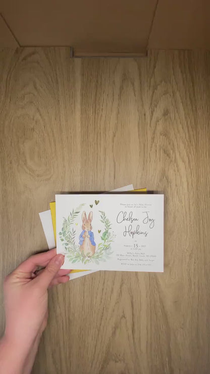 Peter Rabbit Gender Neutral Baby Shower Invitation – Personalized Greenery & Gold Foil Hearts – Elegant Calligraphy Printed Invite with Envelopes by Penelope’s Paper Pantry