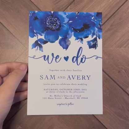 Elegant Sapphire Blue Floral Summer Wedding Invitation Personalized Royal Blue Cobalt Roses We Do Calligraphy Printed Invitation Envelopes