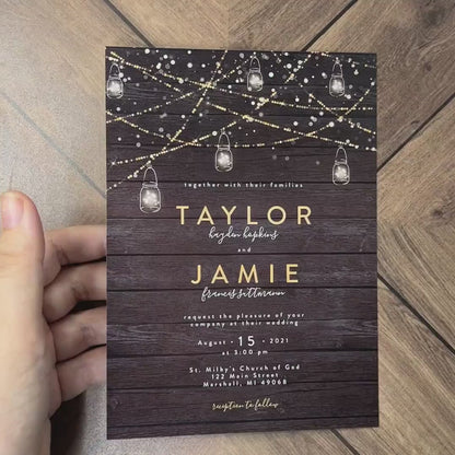 Rustic Wedding Invitation,Rustic Wedding Invite,Rustic Wood,Mason Jar Light,Twinkling Light,Gold Print,Personalize,Shimmery,Envelope,Printed