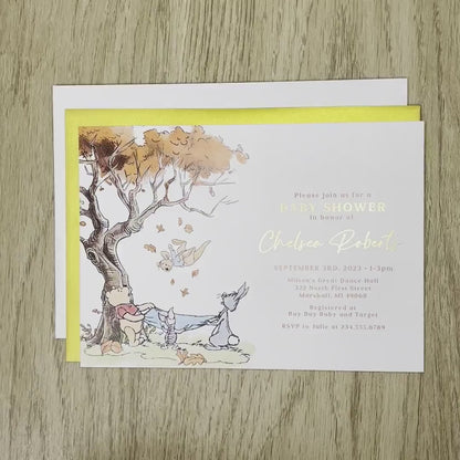 Winnie the Pooh Baby Shower Invitation – Fall Leaves & Gold Foil Printed Invite – Custom Design with One-on-One Personalization by Penelope’s Paper Pantry