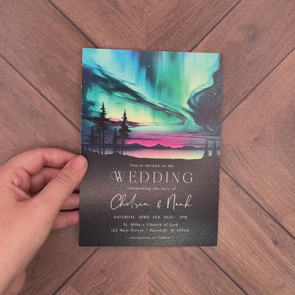 Romantic Northerns Lights Wedding Invitation Personalized Emerald Green Purple Alaska Shimmery Printed Invitations Envelopes Included Unique
