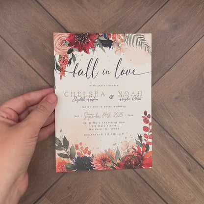 Romantic Fall in Love Wedding Invitation – Terracotta, Navy & Burnt Orange Floral Design – Personalized Printed Invitation with Envelope