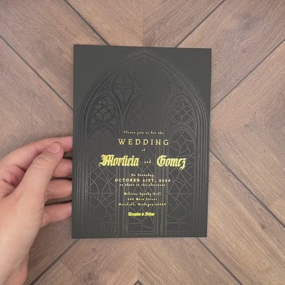 Luxury Halloween Wedding Invitation – Black & Gold Foil Addams Family Style – Personalized Printed Invitations with Envelopes Included