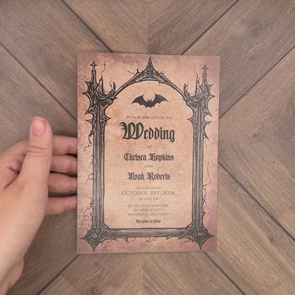 Gothic Halloween Wedding Invitation – Bats & Iron Gate on Parchment – Personalized Printed Invite with Envelopes Included