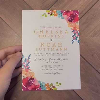 Elegant Bright Floral Summer Wedding Invitation Personalized Hot Colors Gold Print Shimmery Printed Invitations Envelopes Included Unique