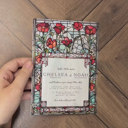 Elegant Red Poppy Stained Glass Wedding Invitation Personalized Red Poppies Greenery Shimmery Printed Invitation Envelopes Included Unique