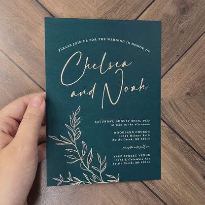 Teal Fall Wedding Photo Invitation – Gold Calligraphy & Shimmery Finish – Personalized Printed Card with Envelopes Included