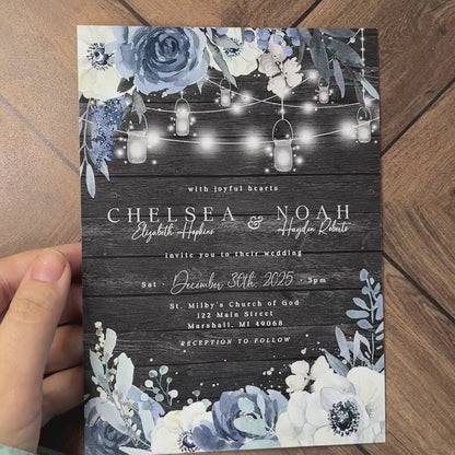 Elegant Rustic Dusty Blue Floral Summer Wedding Invitation Personalized Gray Barn Wood Glowing Lights Shimmery Printed Invitations Envelopes