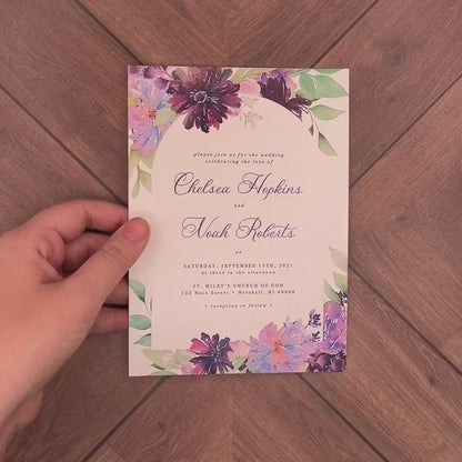 Elegant Purple Floral Summer Wedding Invitation Personalized Lavender Dark Purple Calligraphy Shimmery Printed Invitations Envelope Included