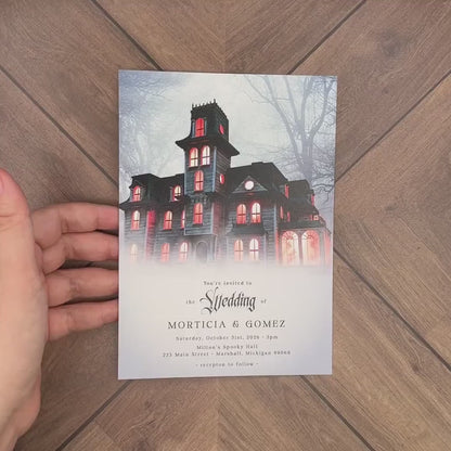 Gothic Halloween Wedding Invitation – Haunted House & Eerie Mist – Personalized Spooky Printed Invite with Envelopes Included