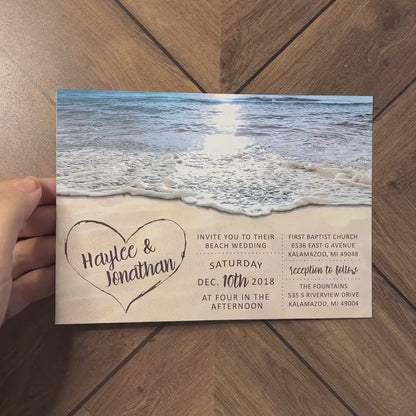 Romantic Beach Wedding Invitation Personalized Heart in the Sand Blue Beige Destination Tropical Hawaii Printed Invitation Envelope Included