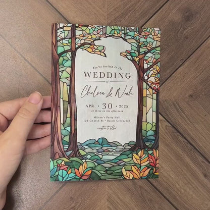 Unique Tropical Stained Glass Wedding Invitation Personalized Waterfall Rain Forest Calligraphy Shimmery Printed Invitations With Envelopes