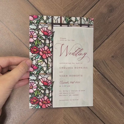 Elegant Stained Glass Floral Summer Wedding Invitation Personalized Calligraphy Shimmery Printed Invitations Envelope Included Optional RSVP