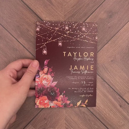Elegant Rustic Burgundy Floral Fall Wedding Invitation Personalized Burnt Orange Gold Mason Jar Lights Satin Printed Invitations Envelope