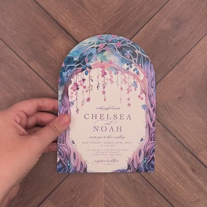 Elegant Whimsical Ethereal Tree Arch Summer Wedding Invitation Personalized Blue Purple Shimmery Printed Invitation Envelope Included Unique