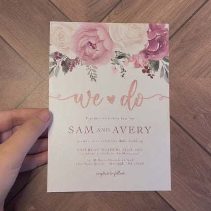 Whimsical Mauve Floral Summer Wedding Invitation,Set,Suite,Dusty Rose,Roses,Rose Gold,Shimmery,Personalize,Printed Invitation,Envelope