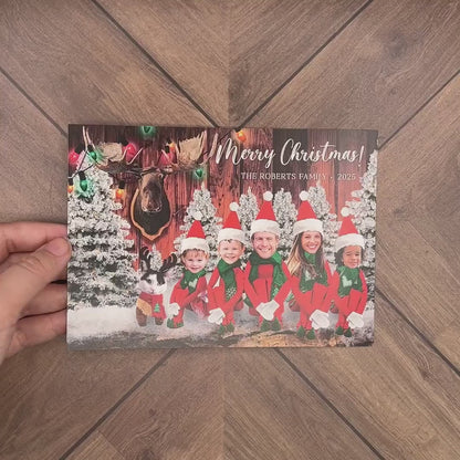 Personalized Funny Moose Lodge Christmas Family Photo Card with Barn Wood Design  Envelopes