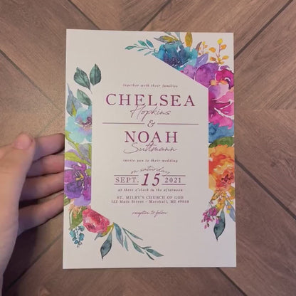 Elegant Bright Floral Summer Wedding Invitation Personalized Orange Purple Hot Pink Turquoise Geometric Frame Shimmery Printed Invitations